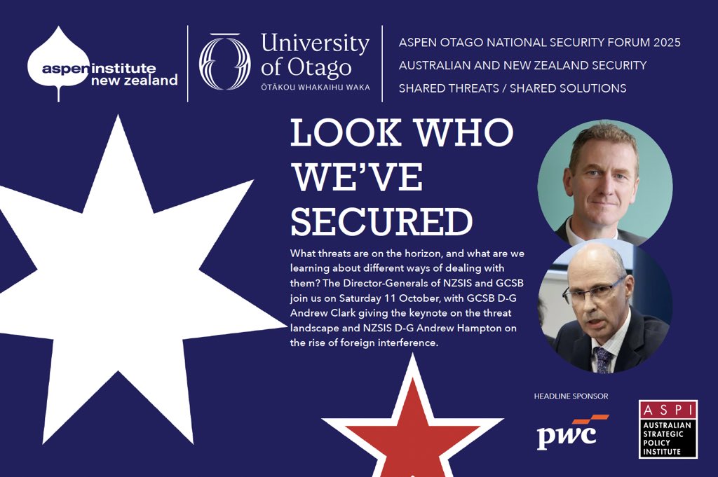 Less than two weeks to go! Join us for a comprehensive look at NZ security and how we are working with Australia over cyber, foreign interference, radicalisation, alliance modernisation and regional stability. <a href="/ASPI_org/">ASPI</a> <a href="/NZAspen/">Aspen Institute New Zealand</a>  Register now: otago.ac.nz/foreign-policy…