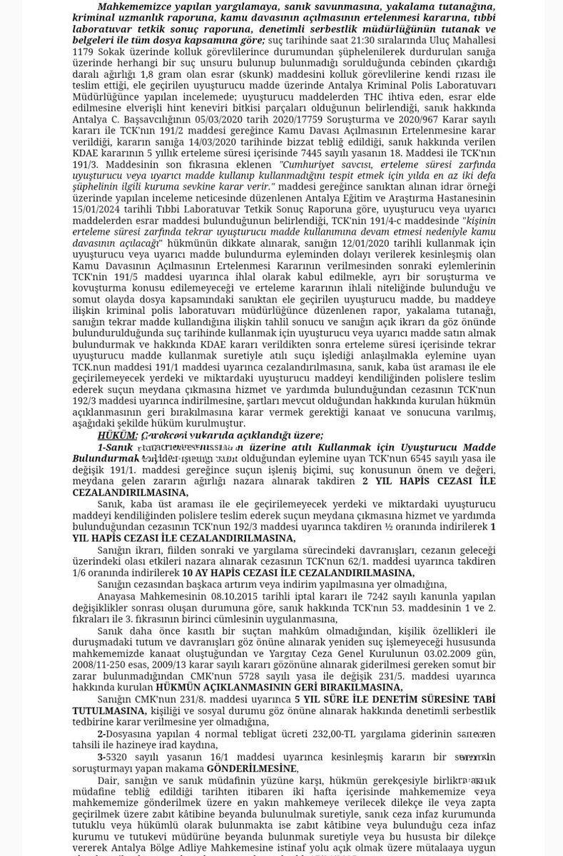 UYUŞTURUCU KULLANMA SUÇUNDA ETKİN PİŞMANLIK!!
📌Sanığın kaba üst araması ile ele geçirilemeyecek uyuşturucuyu kendiliğinden kolluğa teslim etmesi ETKİN PİŞMANLIK İNDİRİMİ gerektirir 
📌Karar kesinleşmiştir GÜNCEL!!
📌Antalya 7.ASC 17.04.2025 tarih
      2025/57E, 2025/340K⬇️