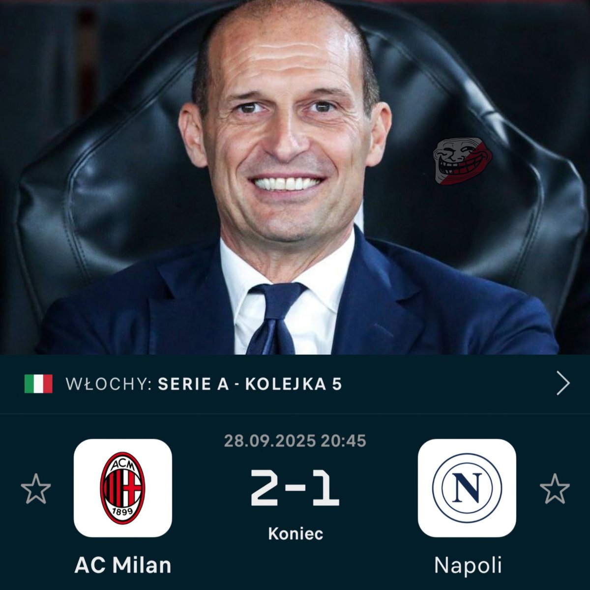 typowy_pe's tweet photo. ‼️CO TO BYŁ ZA MECZ! 🇮🇹 AC Milan Maxa Allegriego wygrywa z Napoli 2:1 grając w "dziesiątkę" przez blisko 40 minut! 🤯
ROSSONERI SĄ NOWYM LIDEREM SERIE A 👑
#acmilan #lider #milnap #seriea #allegri https://t.co/4ArJ3hxPcC