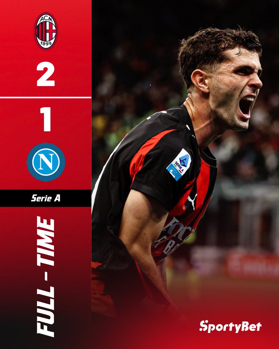 SportyBetNG's tweet photo. 🔚 Full-time: AC Milan 2–1 Napoli
🔴⚫ Milan strike early through Saelemaekers and Pulisic, then dig deep to hold off Napoli’s second-half push.
Despite De Bruyne’s penalty, the Rossoneri seal all three points in a high-stakes showdown.
#SportyBet #SerieA #MILNAP #Rossoneri https://t.co/GhQ7akAB5G