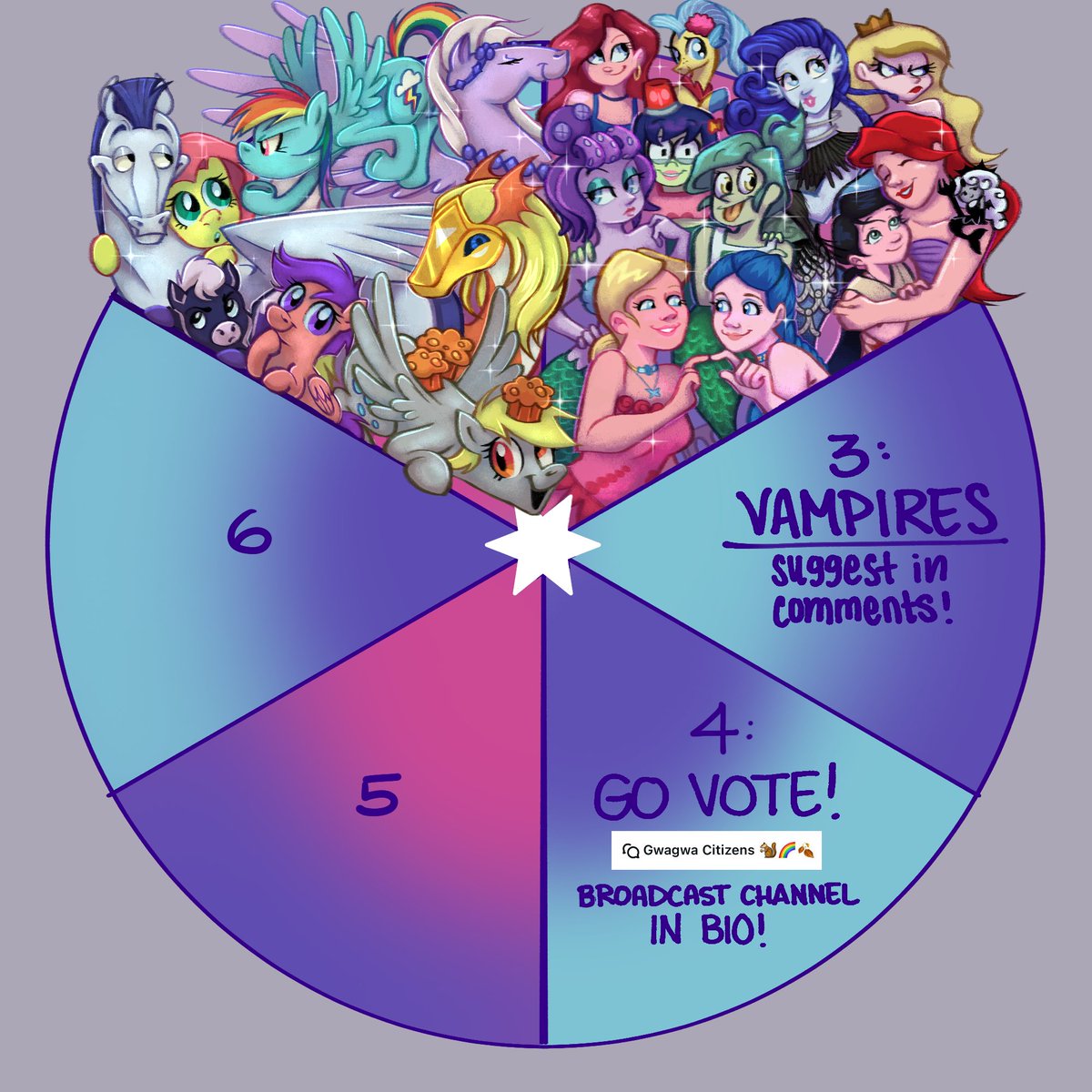 Greetings, gwagwas🐿️🌈✨
Here's section #2: Mermaids 🧜‍♀️ of the Magical Creature Wheel!!! 🪄🔮
NOW... You all voted for Section #3 to be Vampires🦇 so.... COMMENT VAMPIRE CHARACTERS !!! (plz)