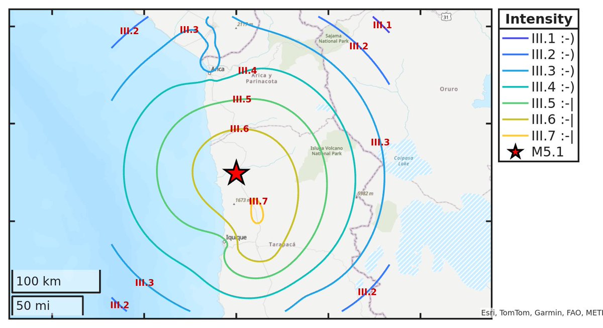 SismoDetector's tweet photo. Mapa de intensidad del #sismo M5.1 ocurrido a las 20:53:19 (UTC) con epicentro a 43 km de #Cuya, Chile. Descarga la app Sismo Detector desde https://t.co/jS9crK4Riw para recibir alertas en tiempo real en tu smartphone https://t.co/5LA1g7Rj8m