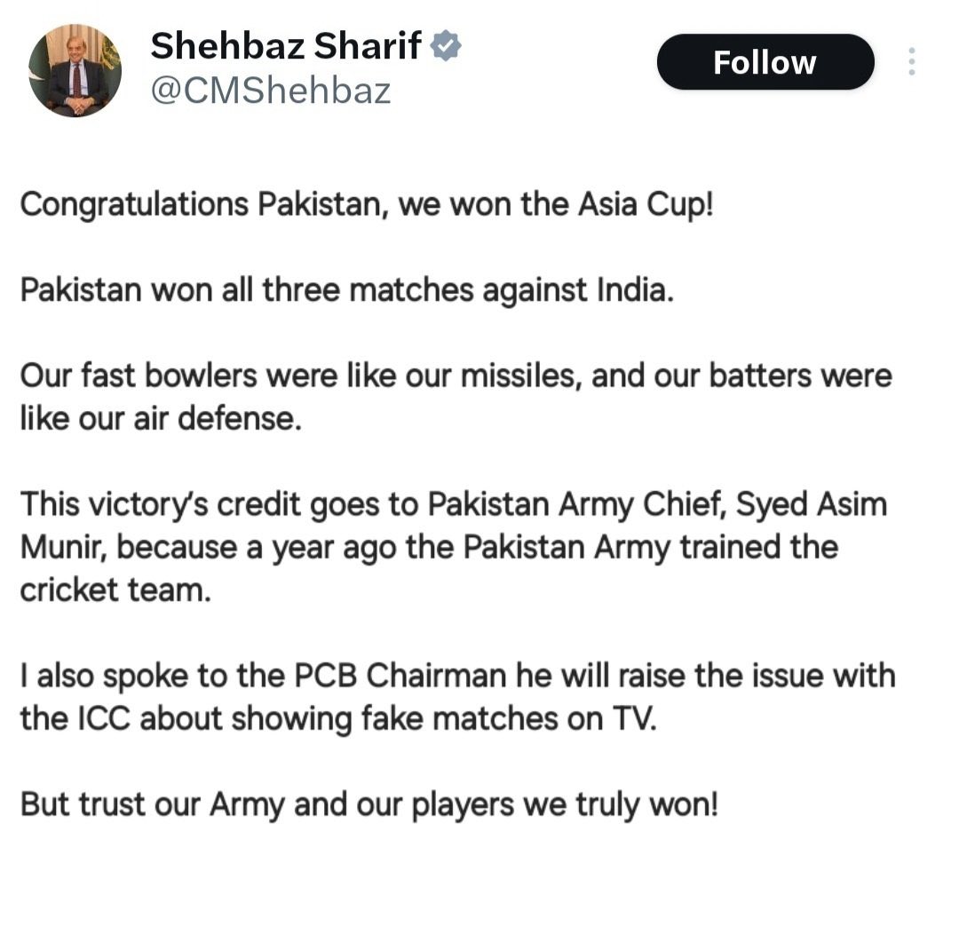 LPrem98's tweet image. Pakistan Prime Minister tweets Pakistan won the Asia Cup

And thanks the Pakistan Army for training players like Haris Rauf.

He blames the ICC for showing fake matches on TV.

 #AsiaCupFinal #IndianCricket #Teamindia