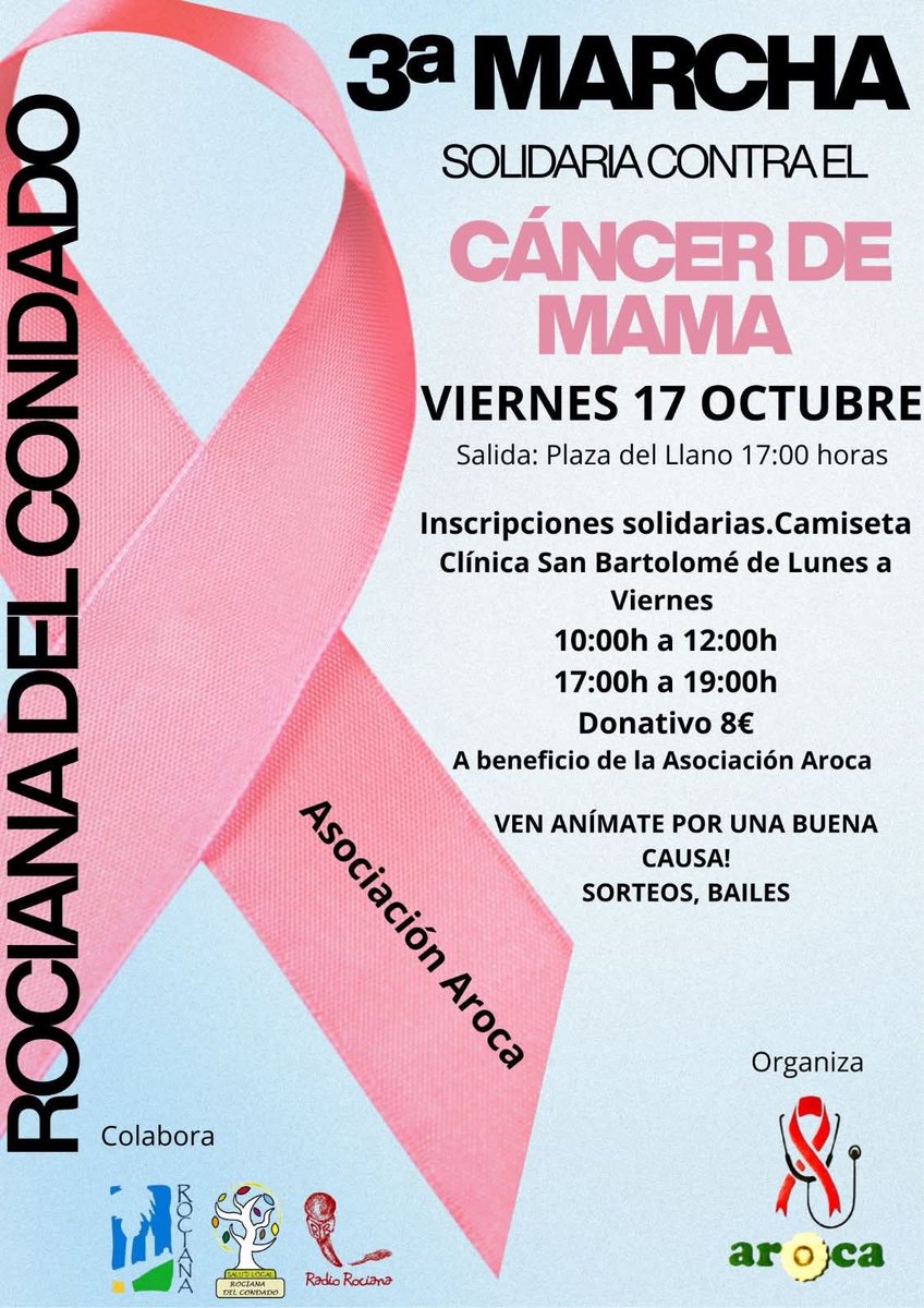 RocianaCondado's tweet photo. 🚶III MARCHA SOLIDARIA CONTRA EL CÁNCER DE MAMA.
🗓️ 17 de octubre, desde las 17:00 h.
📌 Pza. de Llano.
ℹ️ En Clínica San Bartolomé de lunes a viernes de 10 a 12:00 h. y de 17 a 19:00 h.
🏷️ 8€ (Incluye camiseta, pulsera y dorsal).
#CáncerDeMama #Cáncer #RocianaDelCondado #AROCA https://t.co/Afzh8mHGEX