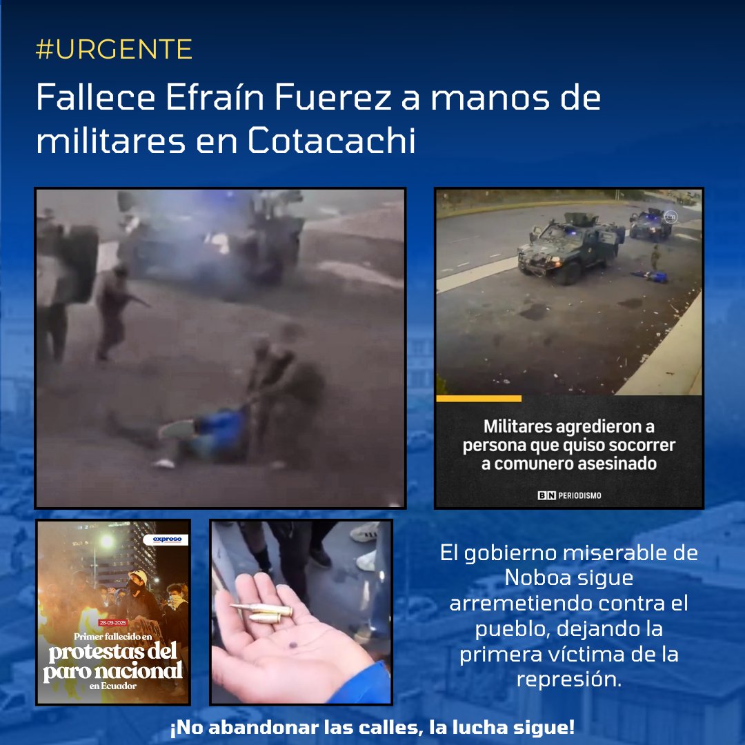 Fallece un comunero a manos de la represión de Noboa, mientras se victimiza a los militares, ellos pueden asesinar impunemente! 

A más represión, más lucha!