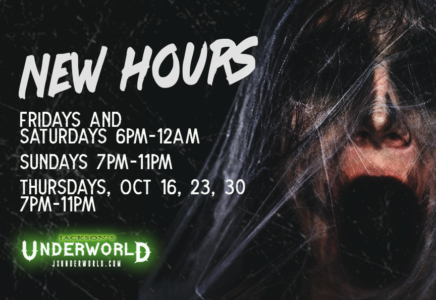 JXUnderworld's tweet photo. ⚠️ Extended Hours = More Screams
Fridays &amp; Saturdays: 6PM–12AM
Sundays starting October 5th : 7PM–11PM
Thursdays Oct 16, 23, 30: 7PM–11PM
The Underworld is waiting… 🎟 https://t.co/RmuSWKgxCU https://t.co/HloPeMP450