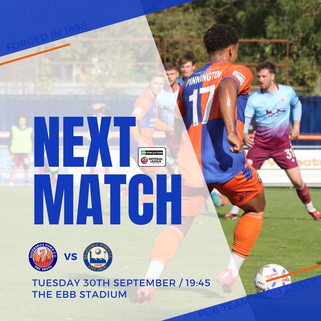 Braintree Town FC (@braintreetownfc) on Twitter photo NEXT UP!
The Iron end September with a visit to <a href="/OfficialShots/">Aldershot Town FC</a> this Tuesday evening
#IronArmy | Forged in 1898 NEXT UP!
The Iron end September with a visit to <a href="/OfficialShots/">Aldershot Town FC</a> this Tuesday evening
#IronArmy | Forged in 1898