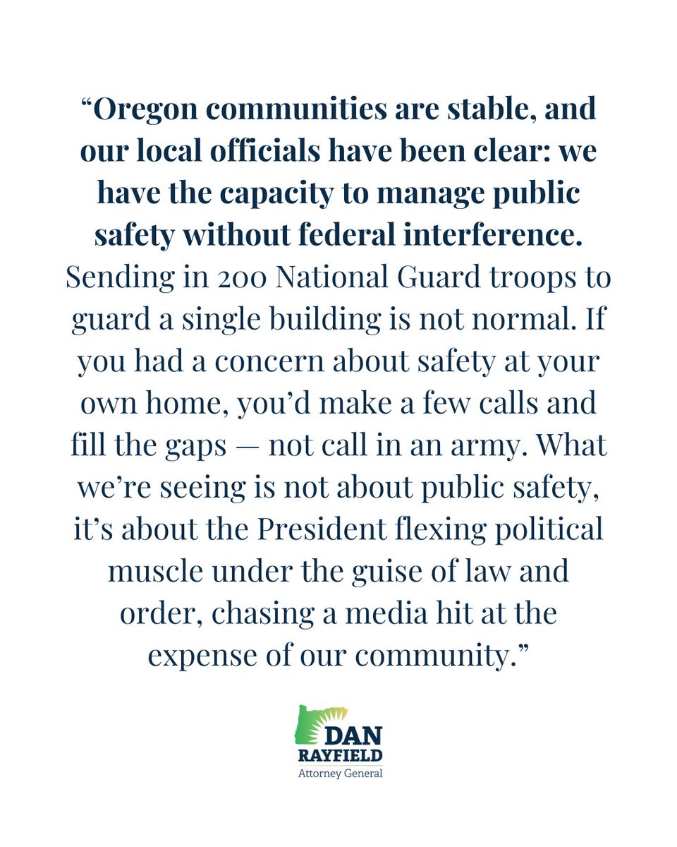 AGDanRayfield's tweet photo. BREAKING NEWS: Oregon sues Trump administration over unlawful federalization of National Guard. Read more. https://t.co/Qamd4C5obX
