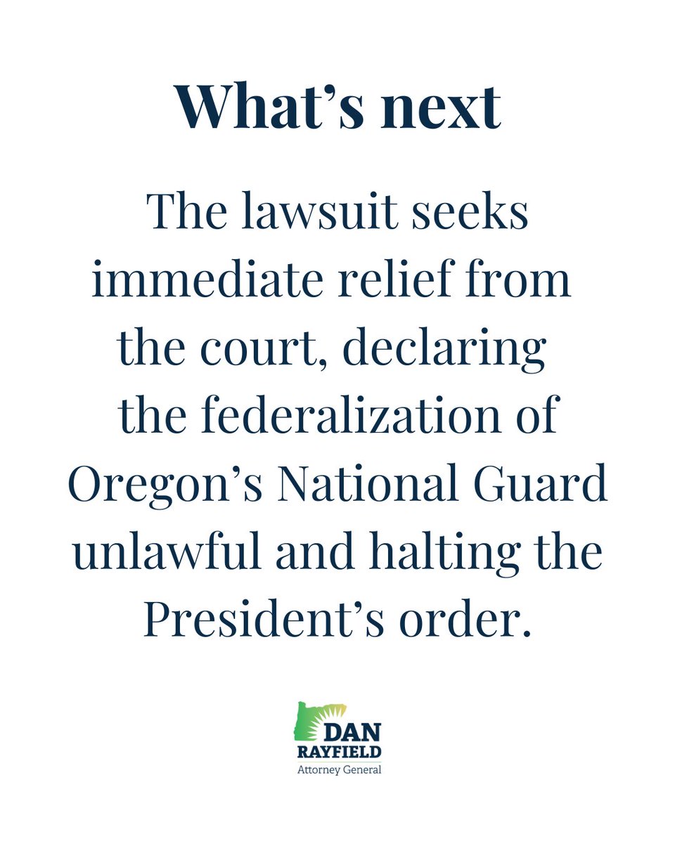 AGDanRayfield's tweet photo. BREAKING NEWS: Oregon sues Trump administration over unlawful federalization of National Guard. Read more. https://t.co/Qamd4C5obX