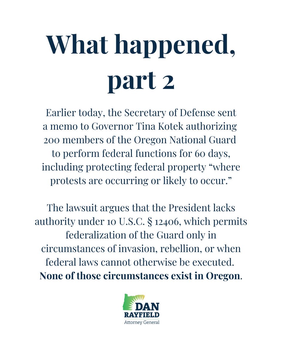 AGDanRayfield's tweet photo. BREAKING NEWS: Oregon sues Trump administration over unlawful federalization of National Guard. Read more. https://t.co/Qamd4C5obX