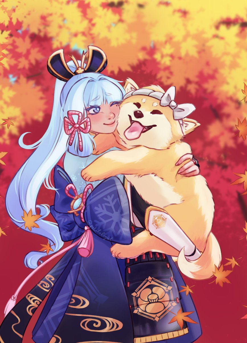 petalologist's tweet image. an autumn stroll. happy birthday ayaka! 🪭🍁🐶