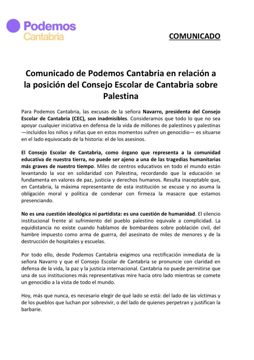 Las excusas de la presidenta del Consejo Escolar de Cantabria son inadmisibles. 
Frente al genocidio en Palestina no hay neutralidad posible: o se está con las víctimas o con los asesinos.
Exigimos una rectificación inmediata.
#Palestinalibre 🇵🇸
cantabria.podemos.info/2025/09/comuni…