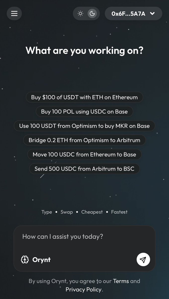 Orynt_Official's tweet photo. 🚀 Orynt is Live

AI-powered. Chat-based. Cross-chain swaps made simple.

Just Type:

“Swap 100 USDT from ETH”
Orynt handles the rest 🤖

⚡ Fastest route
💸 Lowest fees
🔐 Secure &amp; seamless

Try it → https://t.co/IJExM4ykj5
#DeFi #Crypto #AI #Orynt #CrossChain https://t.co/dVJHQKuIgB