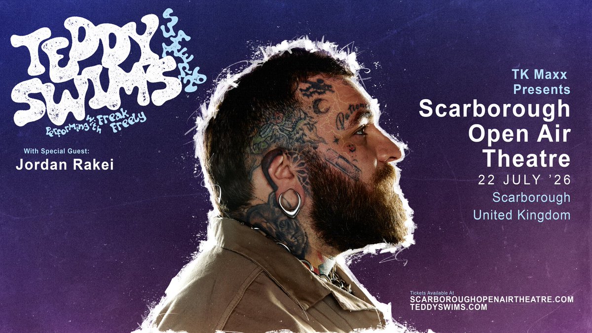 ScarboroughOAT's tweet photo. GRAMMY nominated vocal powerhouse @teddyswims will be joining us for an unmissable show at @TKMaxx_UK presents Scarborough Open Air Theatre on 22nd July 2026 with special guest @jordanrakei 🎶🧡

On sale Friday at 10am, sign up for presale access now 🎟️ https://t.co/4SbO8N0r9W https://t.co/NjjKejZq6D