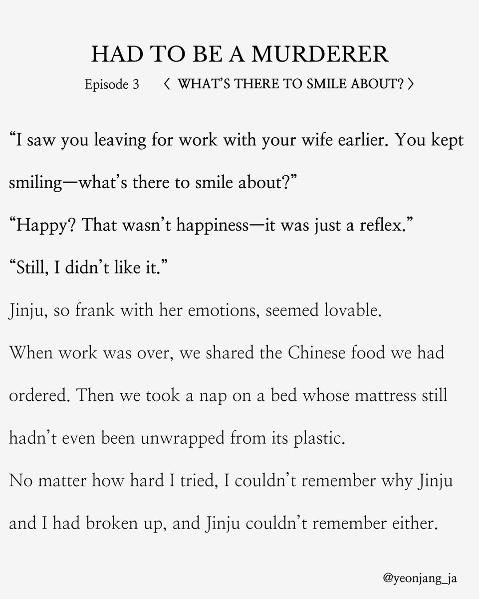 yeonjang_ja's tweet photo. 📘 Had to Be a Murderer
Ep. 3 – What’s there to smile about?

📢 New episodes every Mon/Wed/Fri
⚠️ Copyright belongs to the creator.
Unauthorized reposting or reuse is prohibited.

#Yeonjangja #FlashFiction #ShortStory
#Knovel #KoreanFiction #TranslatedLit
#AsianLit https://t.co/mO86sSEW3x