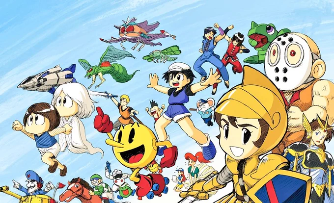 という訳で最近全く絵を描いてないので過去絵のナムコット集合絵をポスト!ちなみに塗りは友人が丸2日かけてやってくれました感謝! #ナムコット #レトロゲーム