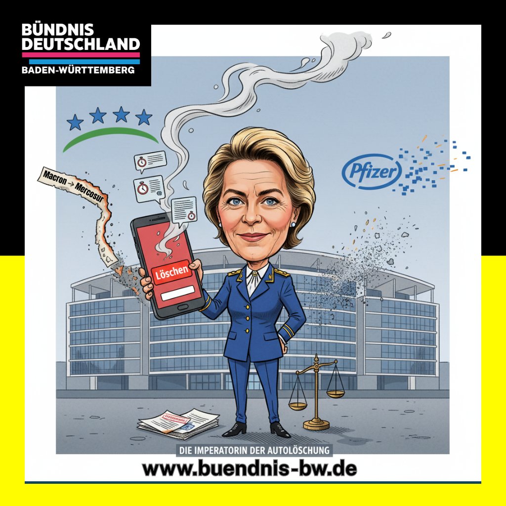 buendnis_bw's tweet image. Die Imperatorin der Autolöschung: SMS mit Pfizer? Weg. Macron-Text zu Mercosur? Weg. Gericht rügt, Ombudsstelle ermittelt – und die Kommission faselt von „Speicherplatz“. Lies, warum nicht das Handy brennt, sondern die Glaubwürdigkeit der EU.
#Pfizergate #EUTransparenz…