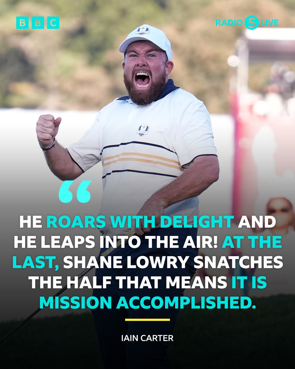 5liveSport's tweet photo. EUROPE HAVE RETAINED THE RYDER CUP 🇪🇺🏆

Shane Lowry is the hero, securing the half-point on the 18th and celebrates wildly!! 

📻 Listen on @BBCSounds 
📲 https://t.co/NI1sjtHpng 

#BBCGolf #RyderCup https://t.co/Kve2kxOIVn