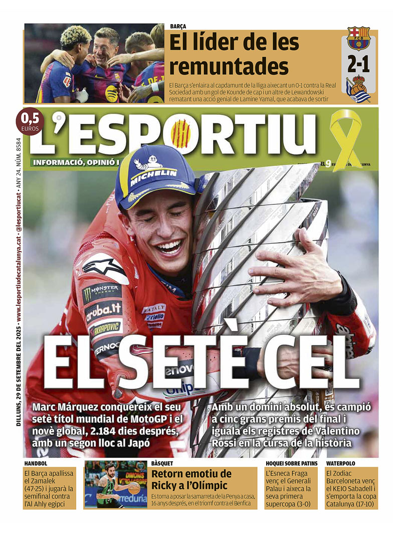 EL SETÈ CEL, a la portada de <a href="/lesportiuCAT/">L'Esportiu de Catalunya</a>
<a href="/marcmarquez93/">Marc Márquez</a> <a href="/MotoGP/">MotoGP™🏁</a> <a href="/FCBarcelona_cat/">FC Barcelona</a>  <a href="/FCBhandbol/">Barça Handbol</a> <a href="/Penya1930/">Club Joventut Badalona</a> <a href="/clubpatinfraga/">Club Patín Esneca Fraga</a> <a href="/hcpalau/">Generali Hoquei Club Palau</a> <a href="/CNAB_oficial/">Club Natació Atlètic-Barceloneta</a> <a href="/CN_Sabadell/">CN Sabadell</a> <a href="/FCBhandbol/">Barça Handbol</a>