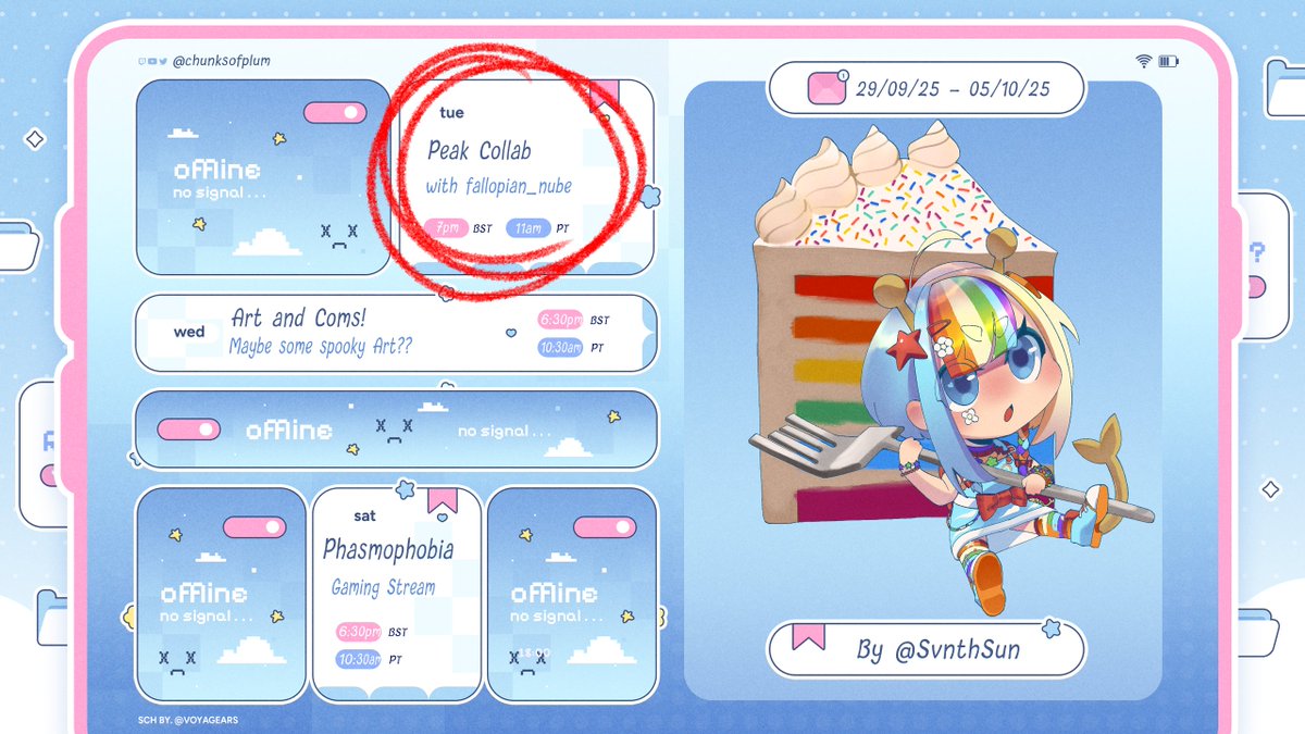 chunksofplum's tweet image. This week's schedule!
Look at me remembering my obligations!!
Tuesday: 7pm Peak collab with a new friend @Fallopian_Nube
Wednesday: 6:30pm Art and coms, maybe something spooky!
Saturday: 6:30pm let's put my 757 hours of Phas to the test
I'm SO READY!
🎨 @svnthsun