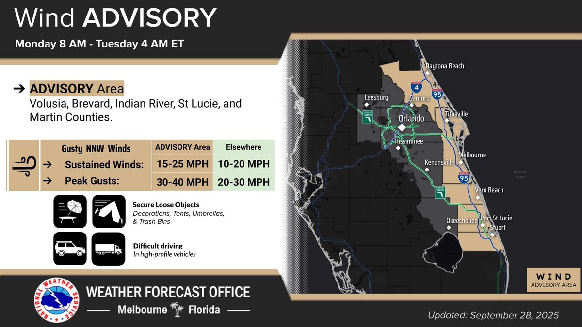 NWSMelbourne's tweet photo. 5PM Sept 28th | NEW - All Tropical Storm Watches over land have been DISCONTINUED. Imelda's track has nudged eastward. However, we still expect significant beach and boating impacts this week along with breezy to gusty conditions along the coast. #FLwx https://t.co/OuMENeF1JS