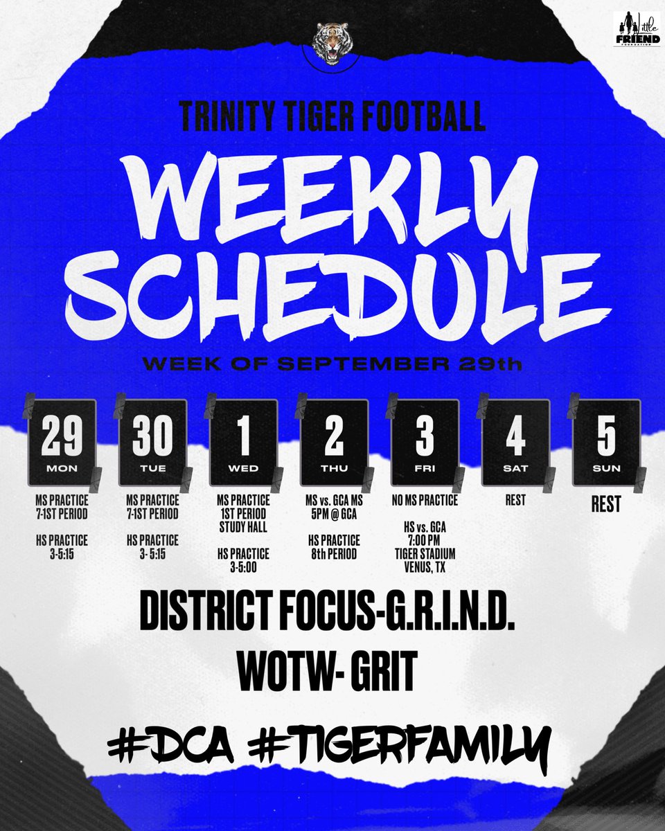 tlchfootball's tweet image. It's game week against GCA! Let's get ready to compete. 🐅🏈

🆚 MS travels to GCA on Thursday at 5 PM. 
🆚 HS hosts GCA under the Friday Night Lights! Kickoff is 7 PM at Tiger Stadium.

This week's focus: G.R.I.N.D. &amp;amp; GRIT.
#TrinityTigers #DCA #TIGERFAMILY