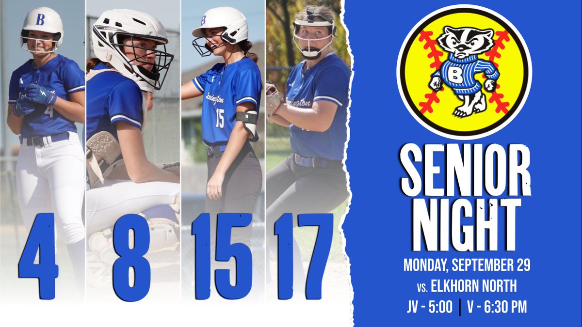 Badger_Softball's tweet photo. 🎉🎓 SENIOR NIGHT 🎓🎉

Senior Night in Bennington against the Wolves. 

🗓️ Monday, September 29 
🆚 @ENHSSoftball

📍 Bennington, NE 
🏟️ Bennington HS 
⏰ V- 6:30
🕰️ JV- 5:00pm
📽️ &amp; 📈GC: Bennington Varsity Badgers

#WeAreBPS https://t.co/eqZYhwEdEU