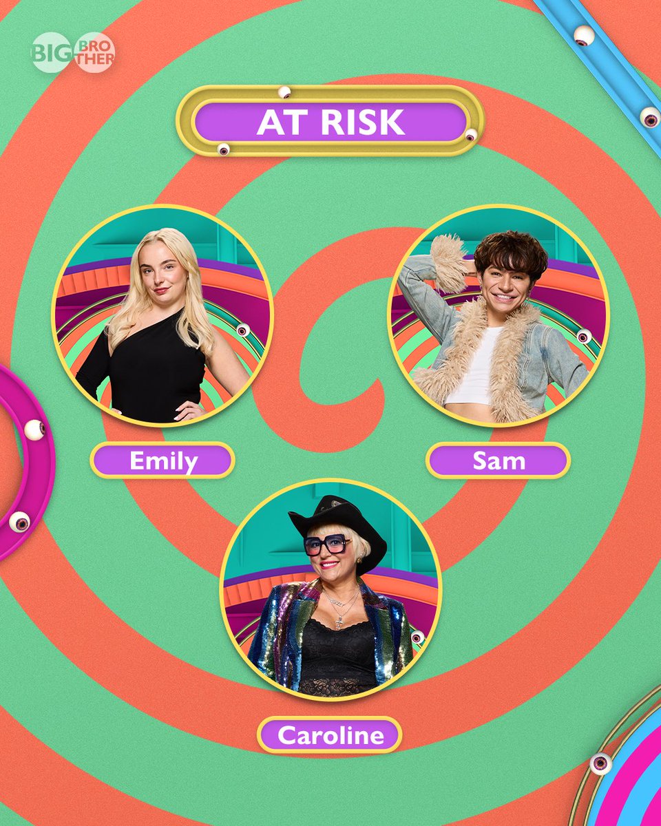 bbuk's tweet photo. Caroline, Emily and Sam have been given Evil Eyes from the public vote 😱

Find out which Housemate leaves the House tomorrow night at 9pm on ITV2 and ITVX 👁️ #BBUK https://t.co/17JoS5a0ru