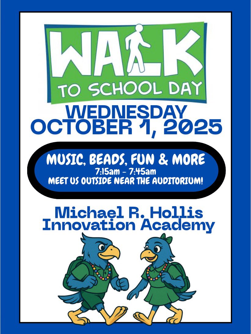 🦅 <a href="/APSHollisCrew/">Hollis Innovation Academy</a> Walk to School Day is Wed, Oct 1!
🎶 Fun, 📿 beads &amp; more from 7:15–7:45am
📍 Meet us outside the auditorium!

Start the day the  Hollis Blue Hawk way! 
#RootedInPurpose #BrandedByExcellence
<a href="/apsupdate/">ATL Public Schools</a> <a href="/McMillansCorner/">Mrs. Mcmillan M.Ed</a> <a href="/ShellyGoodrum/">Shelly H. Goodrum</a> <a href="/HeyyyMelanieAPS/">Melanie Johnson</a>