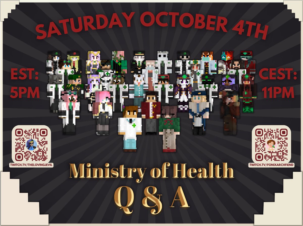 Curious about the Ministry of Health in ish's Purge event? Join us for a Q&amp;A to learn all about our stories hosted on me and <a href="/FonixArchfiend/">FonixArchfiend</a> 's Twitch!

Submit your questions about the MOH involvement in Season 2.7 in the link in replies!

POSTER BY <a href="/EternalNuncita/">Nuncita</a>