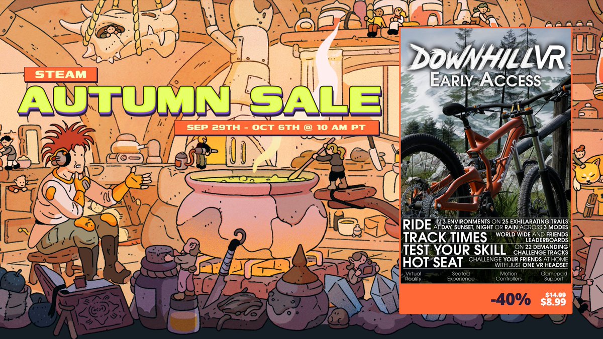 🍂 Catch the fall flow for less 🚵‍♀️
Send it down epic trails, hit every berm, and chase your fastest run!

Score 40% off DownhillVR Early Access during the Steam Autumn Sale!
🎮 store.steampowered.com/app/1576560/Do…

#DownhillVR #VirtualReality #MountainBiking #SteamAutumnSale