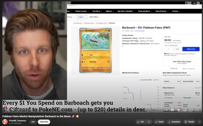 sigmajunky's tweet photo. this youtuber made a series on youtube where he tries to manipulate the value of a pokemon card called "Barboach" from 2 pennies to 2 dollars. 

 And he did it, for a +9000% Return  

The series is called "Barboach to the Moon"  https://t.co/3ctdvWqqDF https://t.co/piXvpLU5gW