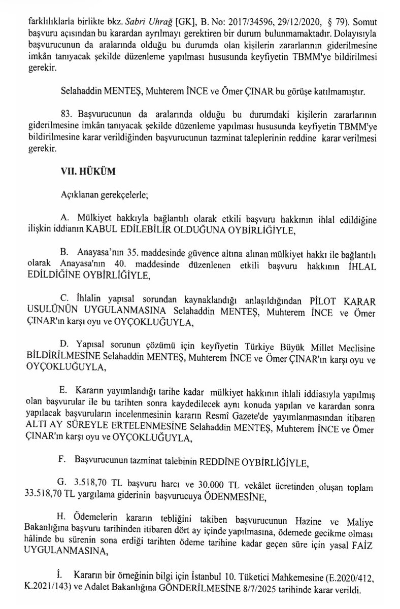 🔴 AYM’den “munzam zarar” hakkında pilot karar!

Kararda, özel hukuk kişileri arasındaki borç ilişkisinden doğan alacakların, enflasyon karşısında değer kaybına uğraması nedeniyle meydana gelen zararın karşılanması için hukuk sisteminde etkili bir hukuk yolunun bulunmadığına