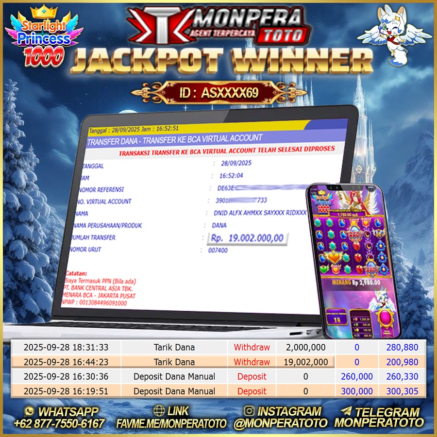 Selamat Kepada Member MONPERATOTO UserID :  ASXXXX69
JP SLØT PRAGMATIC STARLIGHT PRINCESS 1000 Dengan Total Kemenangan Rp 19.002.000
Belum Høki? Istirahat Dulu, Selama Ada Perjuangan Selalu Ada Hasil Menanti di Depan Boss ^_^ 

Berapapun Anda JP Kami Bayar Lunas Ya Bossku ^_^