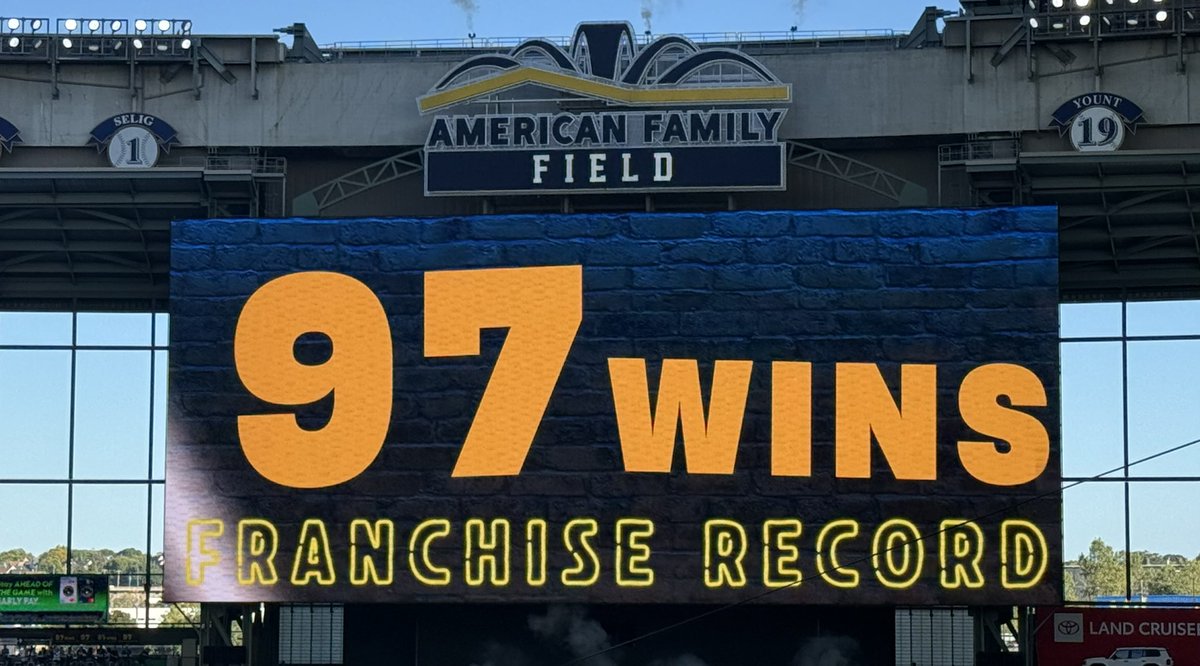 hunterbonair's tweet photo. History is made in Milwaukee.

For the first time in Brewers history, the team has won 97 games. 

What a season. What a ride. 

Plenty more to come, but soak it in, Brewers fans. https://t.co/dqHuEzuc3Z