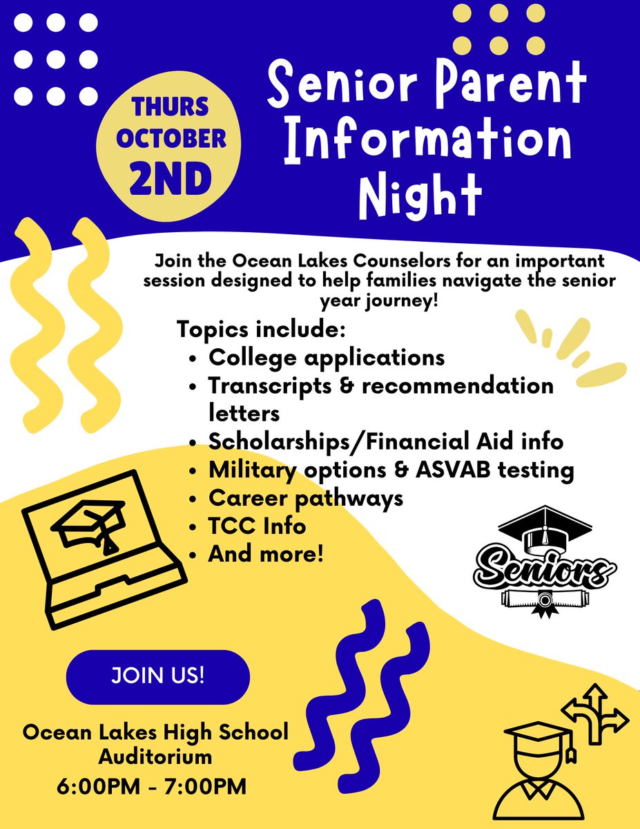 Senior Parents! 🐬 Join our OLHS Counselors Thursday evening 10/2 6PM for our Senior Parent Info Night! This event is designed to help families navigate the senior year journey. Join us! 💫🌟#FutureReady #OceanStrong