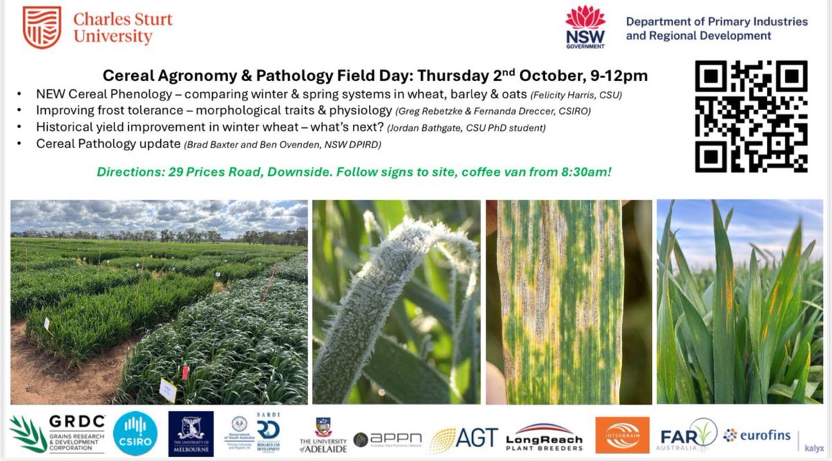 All things cereal with <a href="/CharlesSturtUni/">Charles Sturt University</a> <a href="/NSW_AGRONOMY/">NSW Agronomy</a> Thursday 2nd October for new cereal phenology, frost and winter wheat physiology PLUS pathology update with <a href="/BradBaxter1985/">Brad Baxter</a> <a href="/_Ben_Ovenden/">Ben Ovenden</a>! 🌾
Register: Cereal Agronomy &amp; Pathology Field Day eventbrite.com/e/cereal-agron…