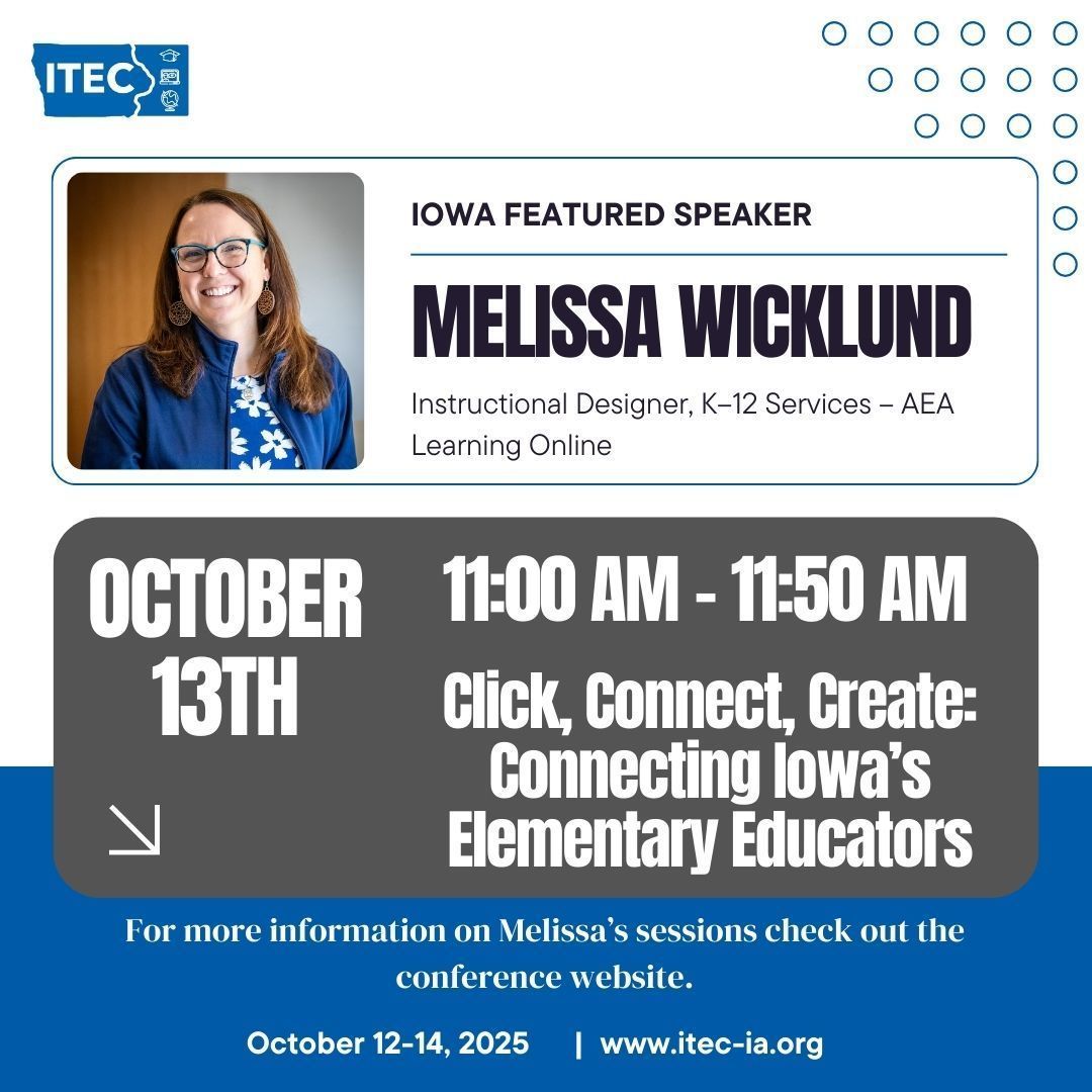Want to grow as a connected elementary educator?

Iowa Featured Speaker Melissa Wicklund will be sharing how!

ℹ️ Session Details: itec-ia.org/2025-fall-conf…

 🔗 Register now: itec-ia.org/conference-reg…

itecia #edtech #education