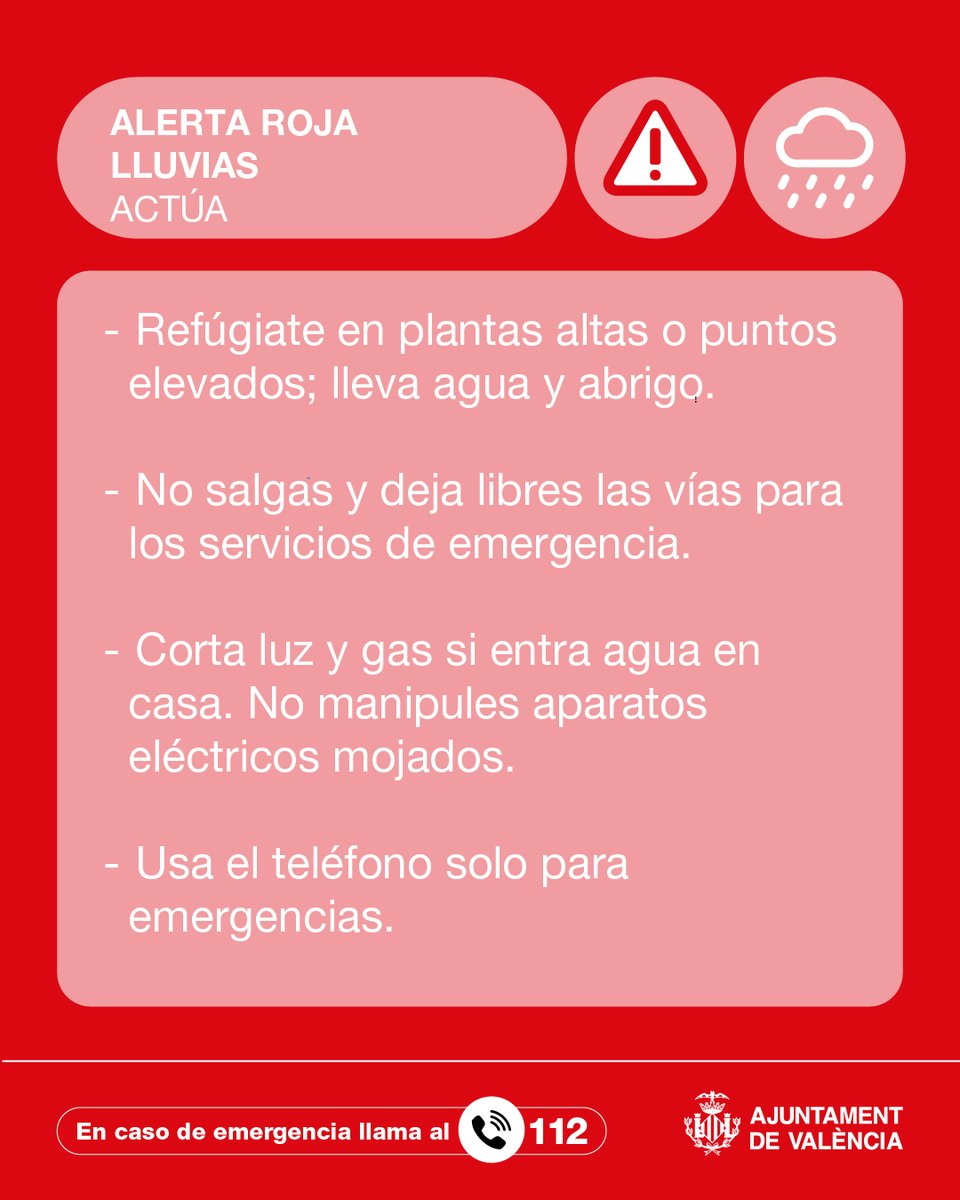 AjuntamentVLC's tweet photo. ℹ️⚠️⛈️ Recordamos que @GVA112 ha establecido para hoy, lunes 29 de septiembre, 🔴 alerta roja por lluvias y 🟡 alerta amarilla por tormentas. 

⬇️ Prestad atención a las siguientes recomendaciones. https://t.co/HjmxoY7ndS