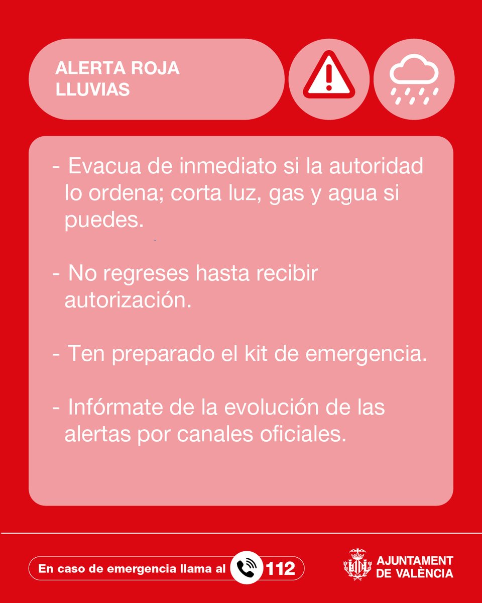 AjuntamentVLC's tweet photo. ℹ️⚠️⛈️ Recordamos que @GVA112 ha establecido para hoy, lunes 29 de septiembre, 🔴 alerta roja por lluvias y 🟡 alerta amarilla por tormentas. 

⬇️ Prestad atención a las siguientes recomendaciones. https://t.co/HjmxoY7ndS