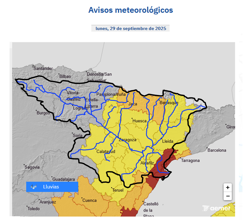 Ante avisos🟡,🟠y🔴(AEMet) ⛈️, la 
<a href="/CH_Ebro/">Confederación Hidrográfica del Ebro</a> recuerda la posibilidad de crecidas súbitas importantes o muy importantes en cauces menores y barrancos en buena parte de la mitad oriental de la cuenca durante la primera mitad de este lunes 29/09. Precaución ⚠️