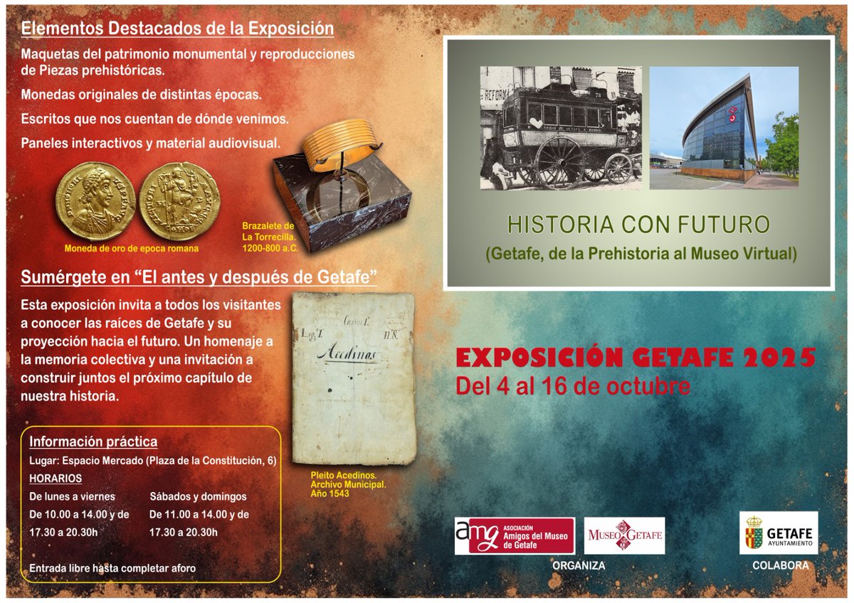Descubre la exposición “Historia con Futuro. Getafe desde la Prehistoria al Museo Virtual” del 4 al 16 de octubre en el Espacio Mercado de Getafe.
Un viaje fascinante por la historia y el futuro de Getafe.
¡No te lo pierdas! 
#museogetafe #Getafe