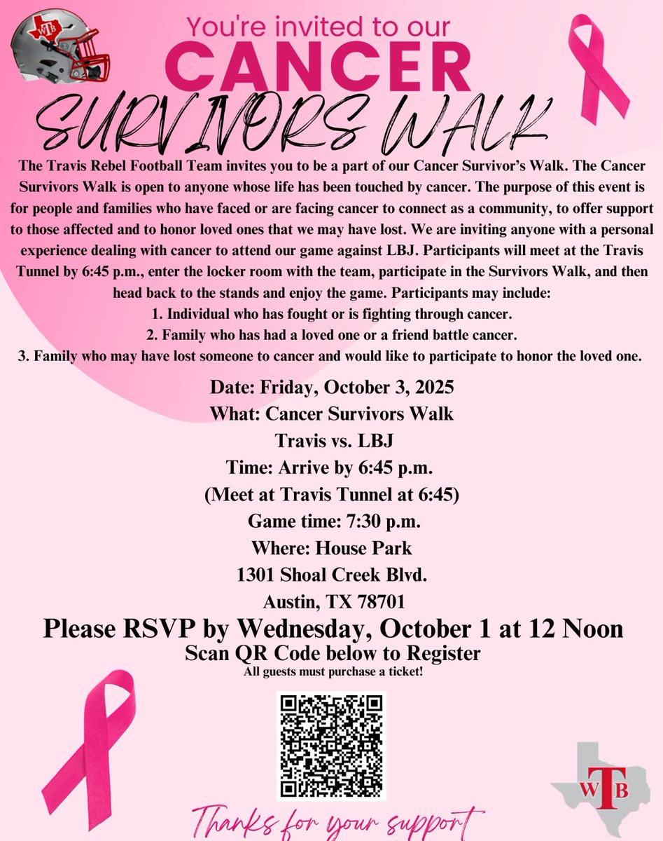 William B. Travis (@wbtathletics) on Twitter photo The Travis Rebel Football Team invites you to our Cancer Survivor’s Walk. We are inviting anyone with a personal experience dealing with cancer to attend our game against LBJ.
<a href="/AISDAthletics/">Austin ISD Athletics</a> 
<a href="/THSCAcoaches/">THSCA</a> 
<a href="/WBTravisECHS/">WB Travis ECHS</a> 
<a href="/LivelyFalcons/">Lively Falcons</a> 
Link: docs.google.com/forms/d/e/1FAI… The Travis Rebel Football Team invites you to our Cancer Survivor’s Walk. We are inviting anyone with a personal experience dealing with cancer to attend our game against LBJ.
<a href="/AISDAthletics/">Austin ISD Athletics</a> 
<a href="/THSCAcoaches/">THSCA</a> 
<a href="/WBTravisECHS/">WB Travis ECHS</a> 
<a href="/LivelyFalcons/">Lively Falcons</a> 
Link: docs.google.com/forms/d/e/1FAI…
