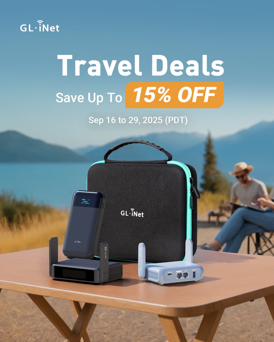 GLiNetWiFi's tweet image. ✈️ GL.iNet Travel Deals Are LIVE! 🌍
Save up to 15% OFF on selected travel routers — your perfect companion for fast, secure internet anywhere you go. 🏕️🚐

🗓️ Promo Period: Sep 16 – 29, 2025 (PDT)
🛒 Shop Now: link.gl-inet.com/post250917us

#GLiNet #TravelDeals #RouterSale…