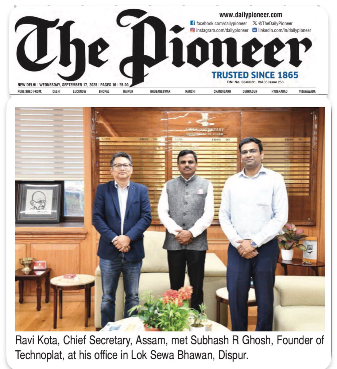Ravi Kota, Chief Secretary, Assam, met Subhash R Ghosh, Founder of Technoplat, at his office in Lok Sewa Bhawan, Dispur 

<a href="/CMOfficeAssam/">Chief Minister Assam</a> <a href="/CSAssam_/">Chief Secretary, Assam</a>  <a href="/WeAreTechnoplat/">Technoplat</a> <a href="/mygovassam/">MyGov Assam</a> <a href="/MyGovAssamese/">MyGov Assamese</a> <a href="/diprassam/">DIPR Assam</a>