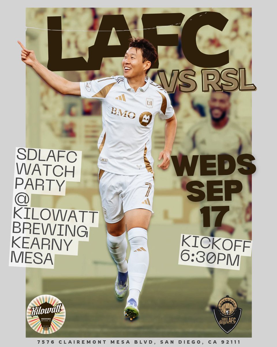 We're back at <a href="/kilowattbeer/">Kilowatt Brewing</a> Kearny Mesa Wednesday night! Join us for great food,  great drinks and great people! Kickoff scheduled for 6:30pm ⚽️

#LAFC #sdlafc #lafc3252 #blackandgold #losangelesfootballclub