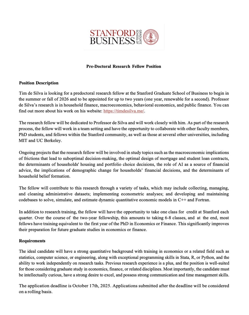 I'm hiring a predoc to work with me in household finance, macroeconomics, behavioral economics, and public finance starting in Fall 2026!

Details are below and instructions here: timdesilva.me/files/postings…

Please apply :) I can't wait to work with you!