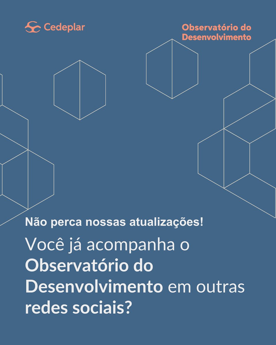 O ObD está presente em diferentes redes sociais compartilhando novidades, análises e dados sobre desenvolvimento econômico e sustentável.

Nos siga:
➡️ Insta: @ obd.cedeplar
➡️ FB: Observatório do Desenvolvimento
➡️ LinkedIn: Observatório do Desenvolvimento
➡️ X: <a href="/Obd_cedeplar/">Observatório do Desenvolvimento</a>