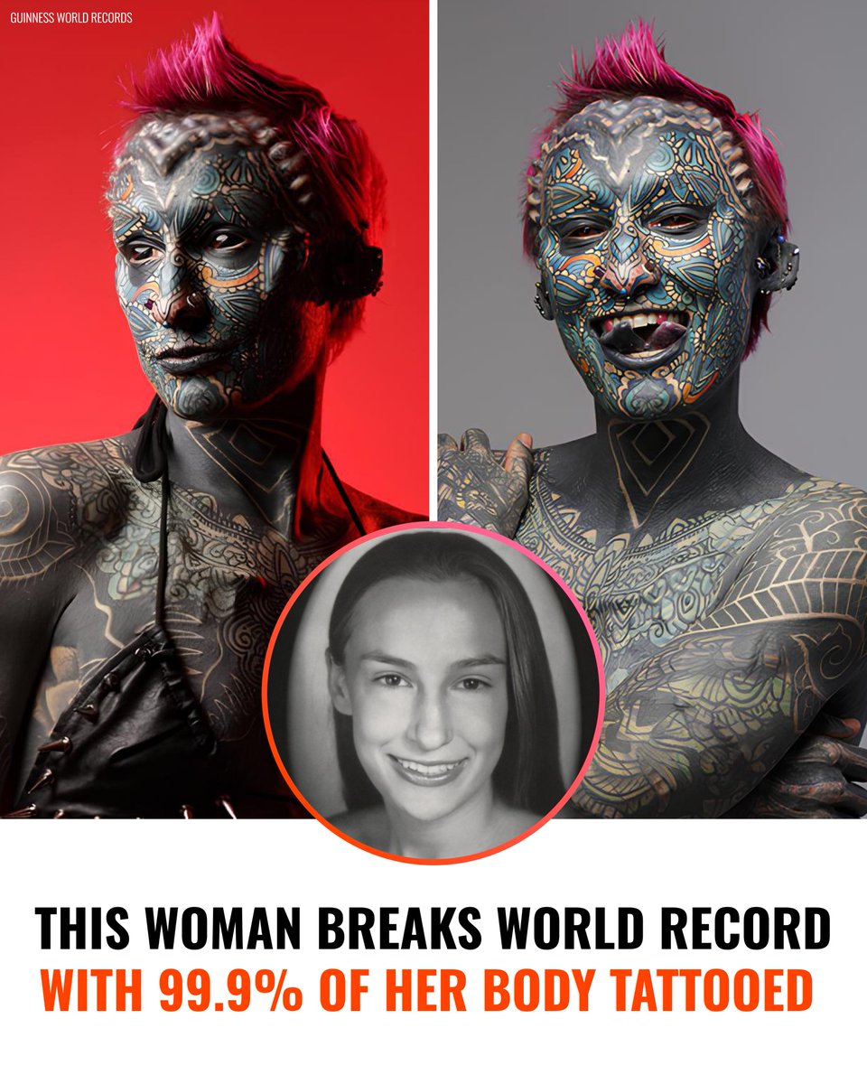 She’s 99.9% Inked – and just made history! 🏆

Esperance Lumineska Fuerzina, a 37-year-old Army veteran from Connecticut, now holds two Guinness World Records:

✔️ Most tattooed woman (99.98% of her body)
✔️ Most body modifications (89 in total)

Her journey spans more than a