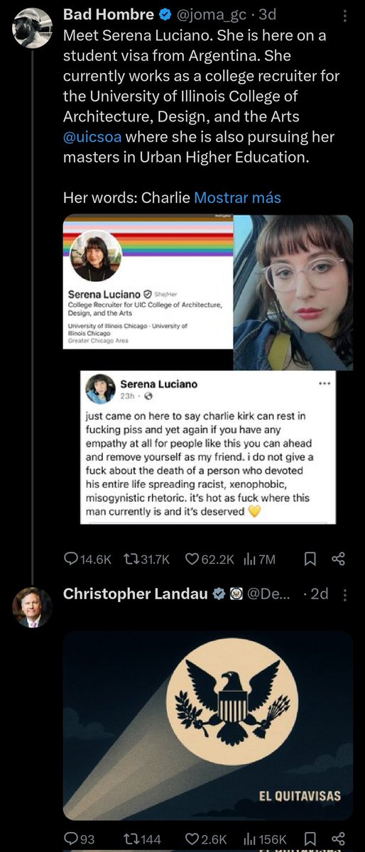 Una Argentina comunista que estaba trabajando en Estados Unidos se burló del horrendo asesinato de Charlie Kirk y el funcionario <a href="/DeputySecState/">Christopher Landau</a> le quitó la visa.
Y le notificó que le iba a quitar la visa con un meme.
La devuelven a Argentina.

Que gran país.
Que eficiencia.